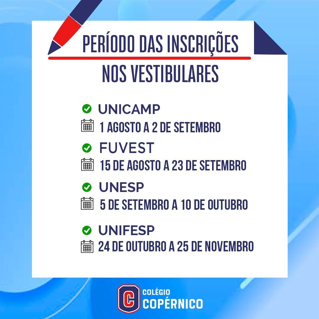 Inscrições abertas para os vestibulares